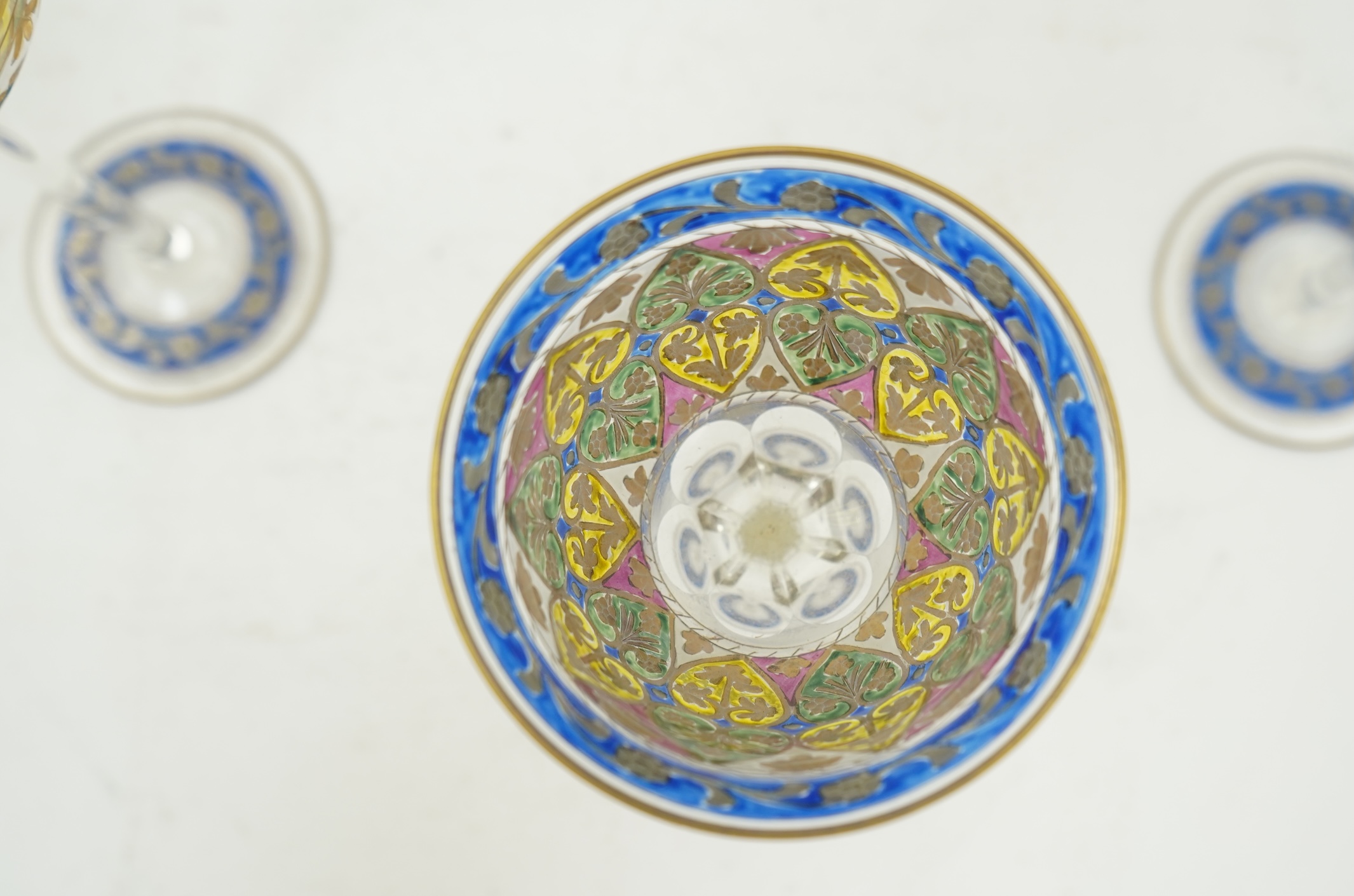 Fritz Heckert, five Jugendstil painted and gilt ‘Jodhpur’ glasses, c.1900